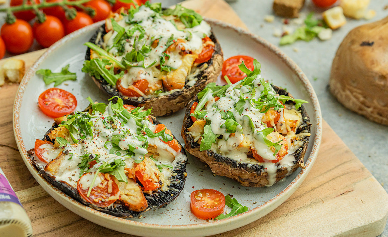 Biora's mini portobello pizzas with Caesar Dressing