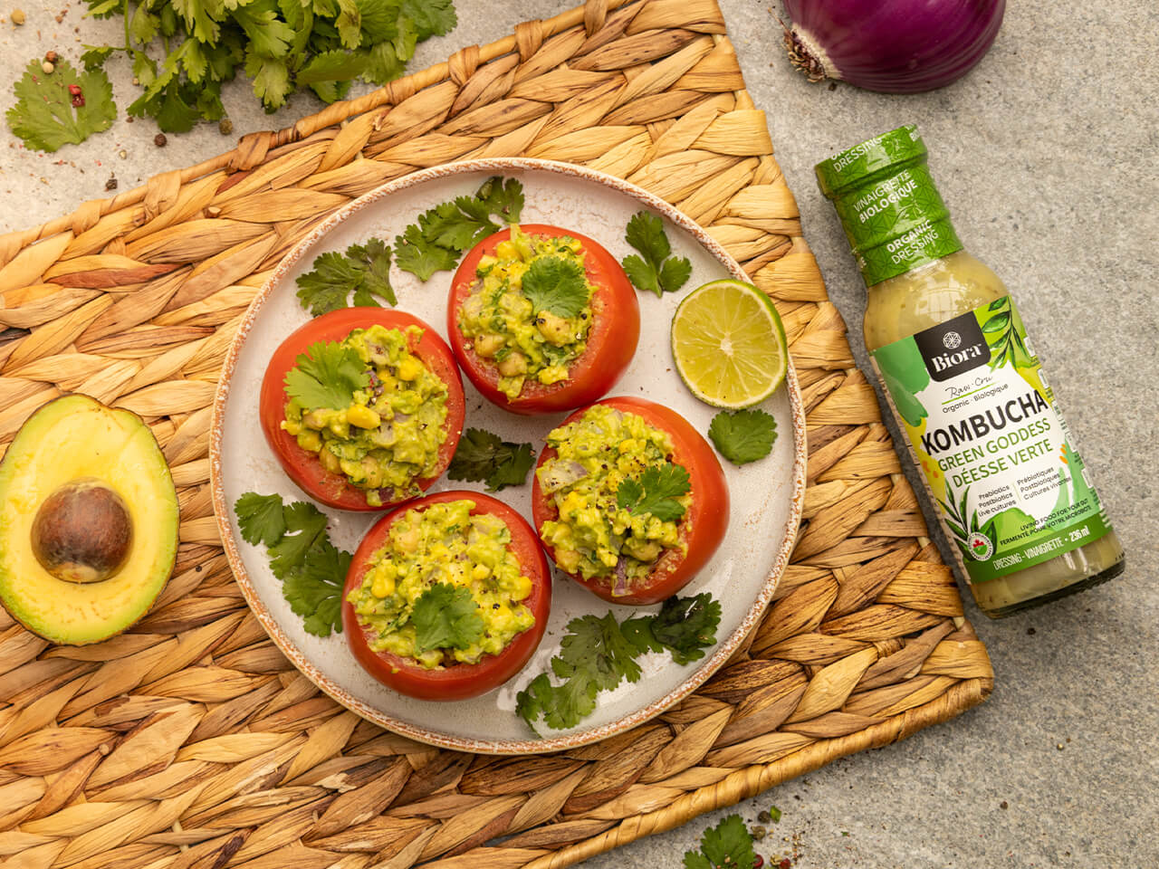 Avocado Stuffed Tomatoes with Green Goddess Dressing