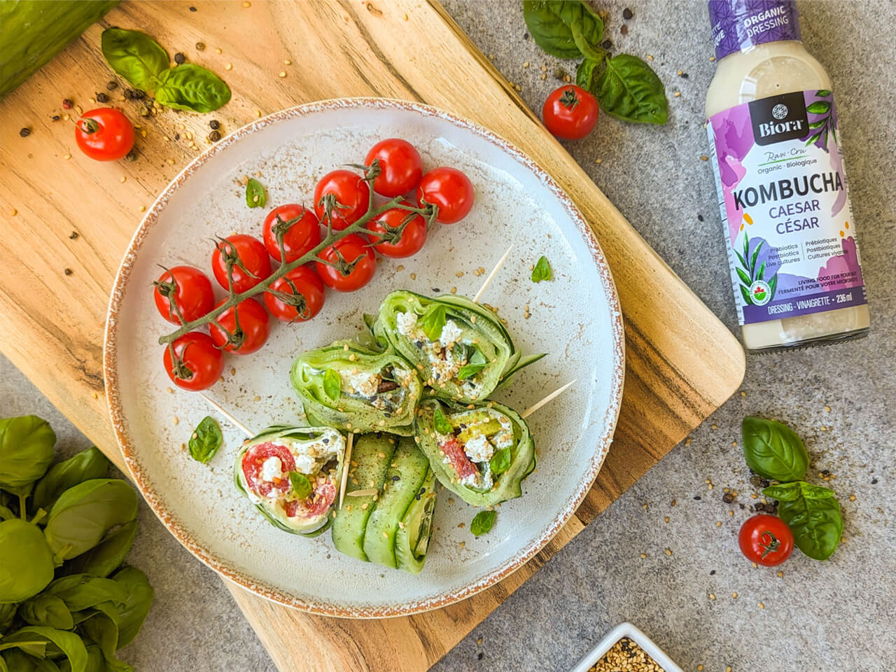 Avocado and Tofu Cucumber Rolls with Kombucha Caesar Dressing Recipe