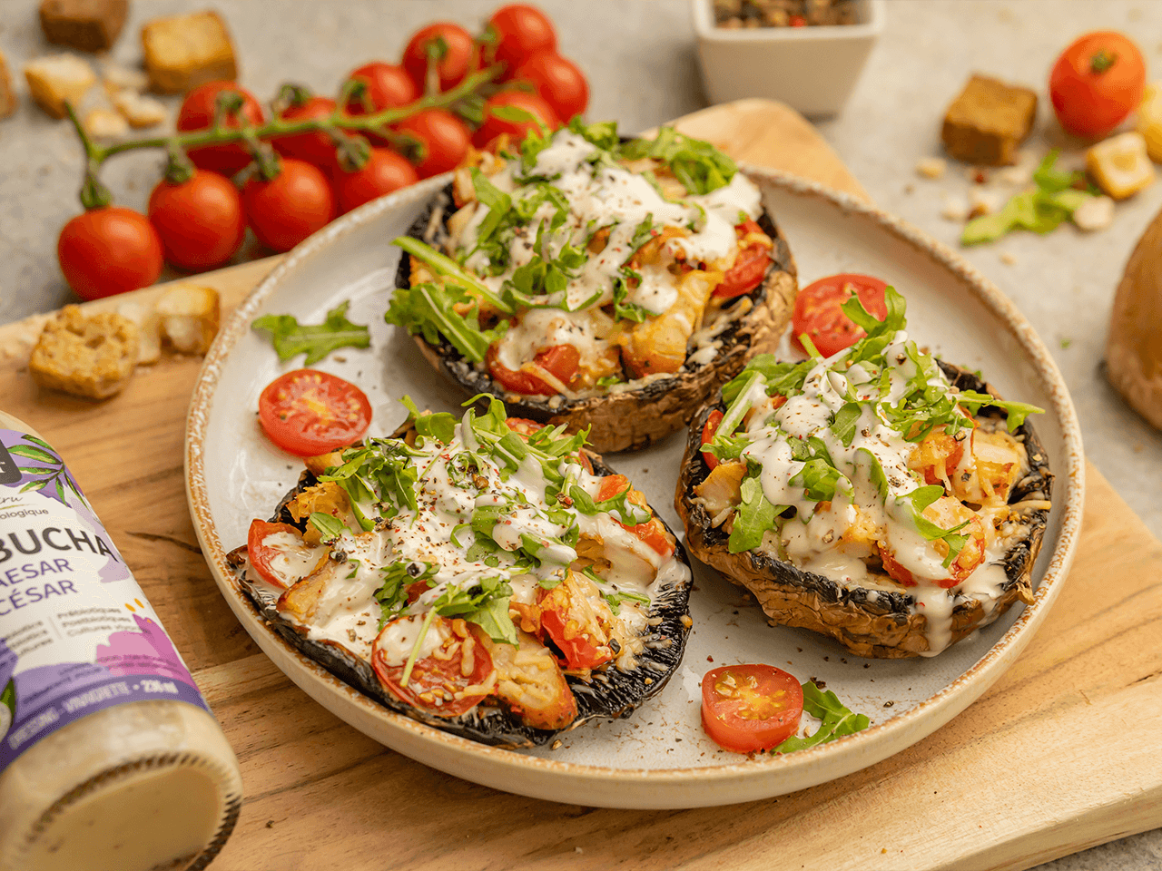 Mini Portobello Pizzas with Caesar Dressing Recipe