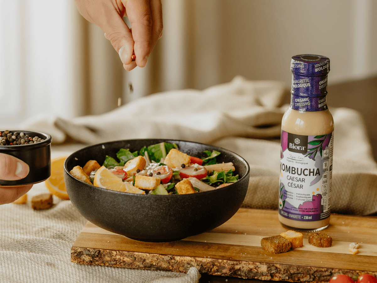 Image of a delicious kombucha caesar pasta salad