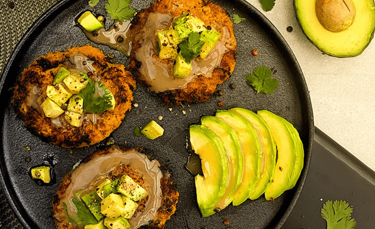 Stuffed Sweet Potato Patties with Avocado and Balsamic Dressing Recipe