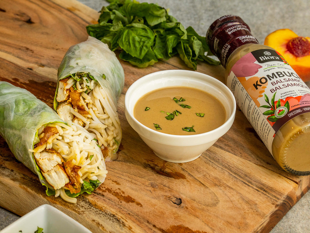 Chicken and Peaches Spring Rolls with Balsamic Dressing Recipe