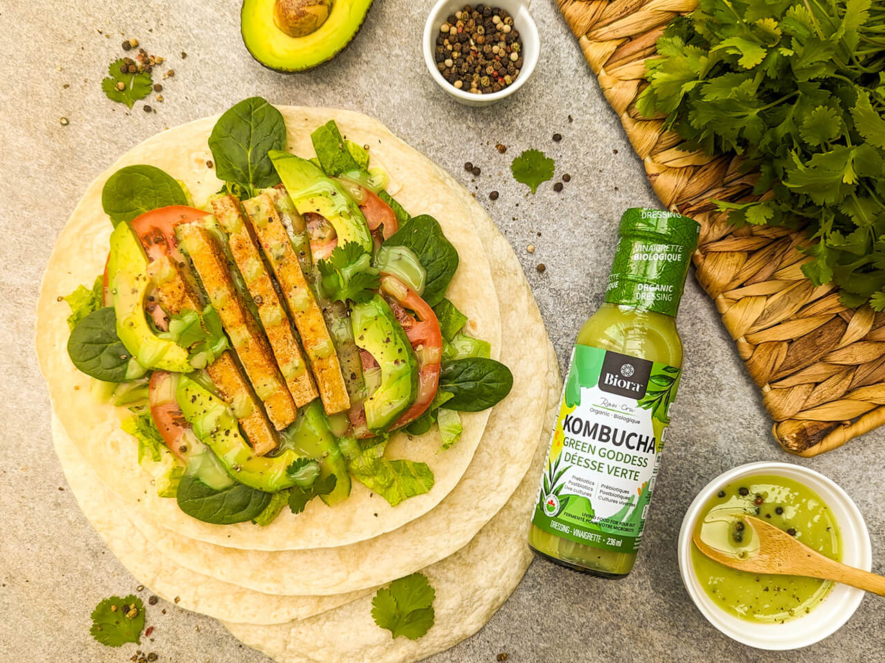 Tofu wrap with Biora's kombucha green goddess dressing