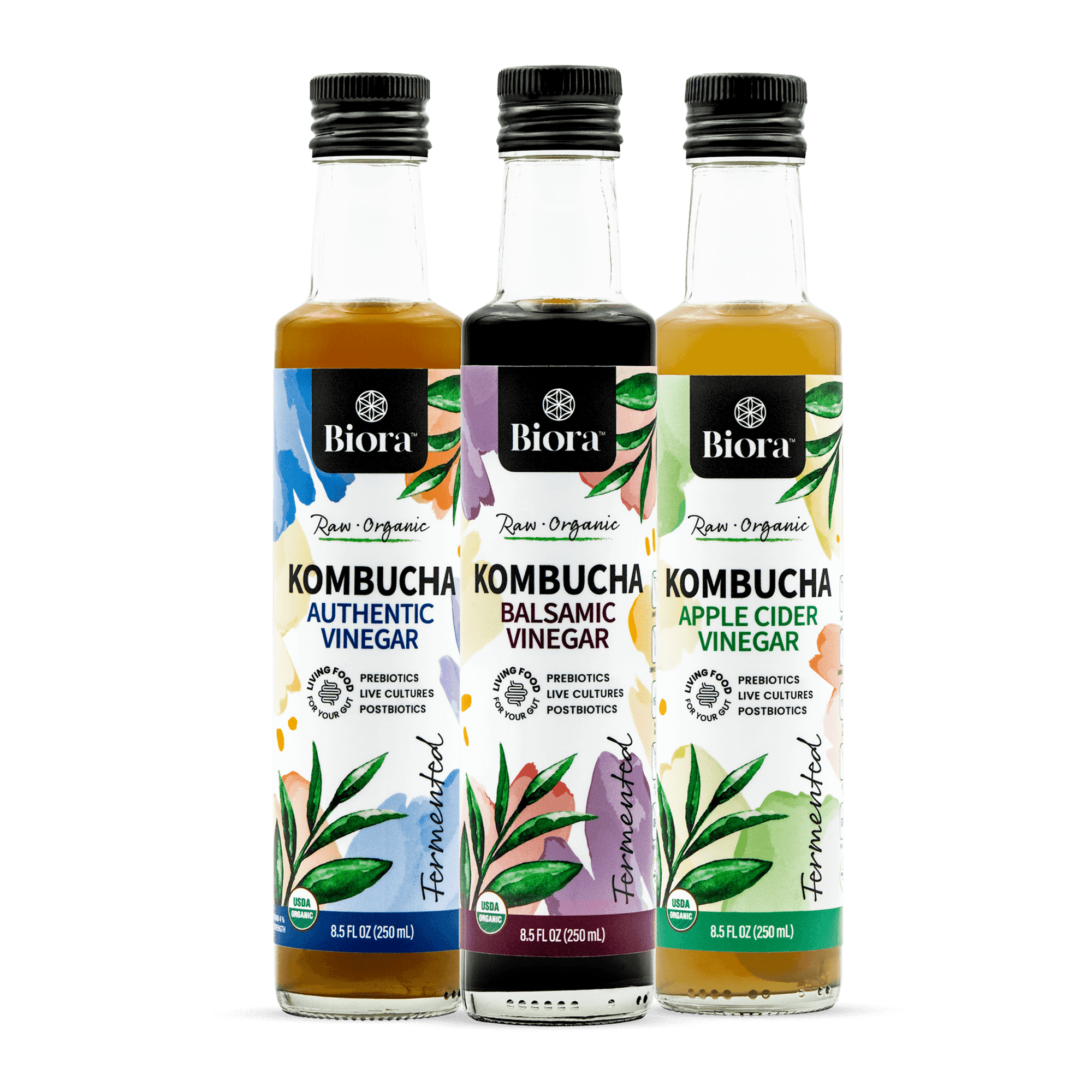 Biora's 3 kombucha vinegars ; kombuca authentic vinegar, kombucha balsamic vinegar and kombucha apple cider vinegar